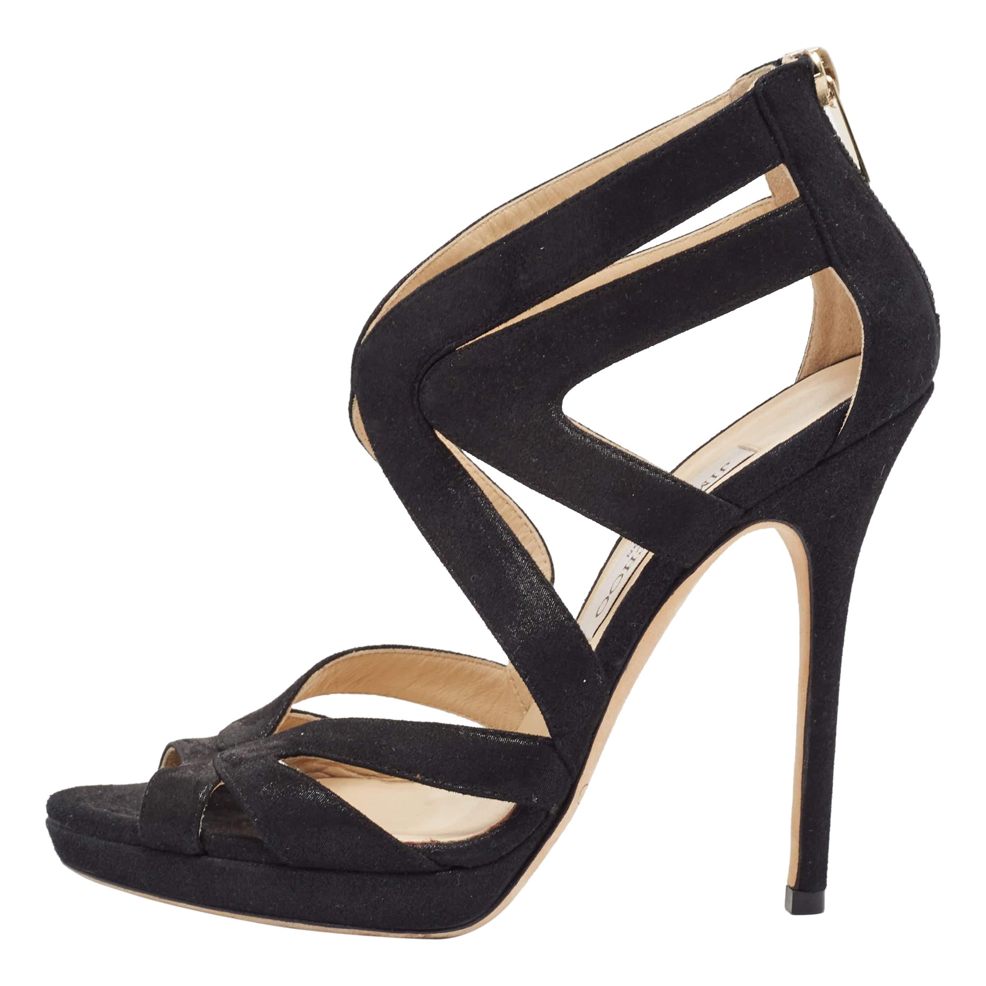 Jimmy Choo Black Glitter Suede Collar Platform Sandals Size 36.5 For Sale