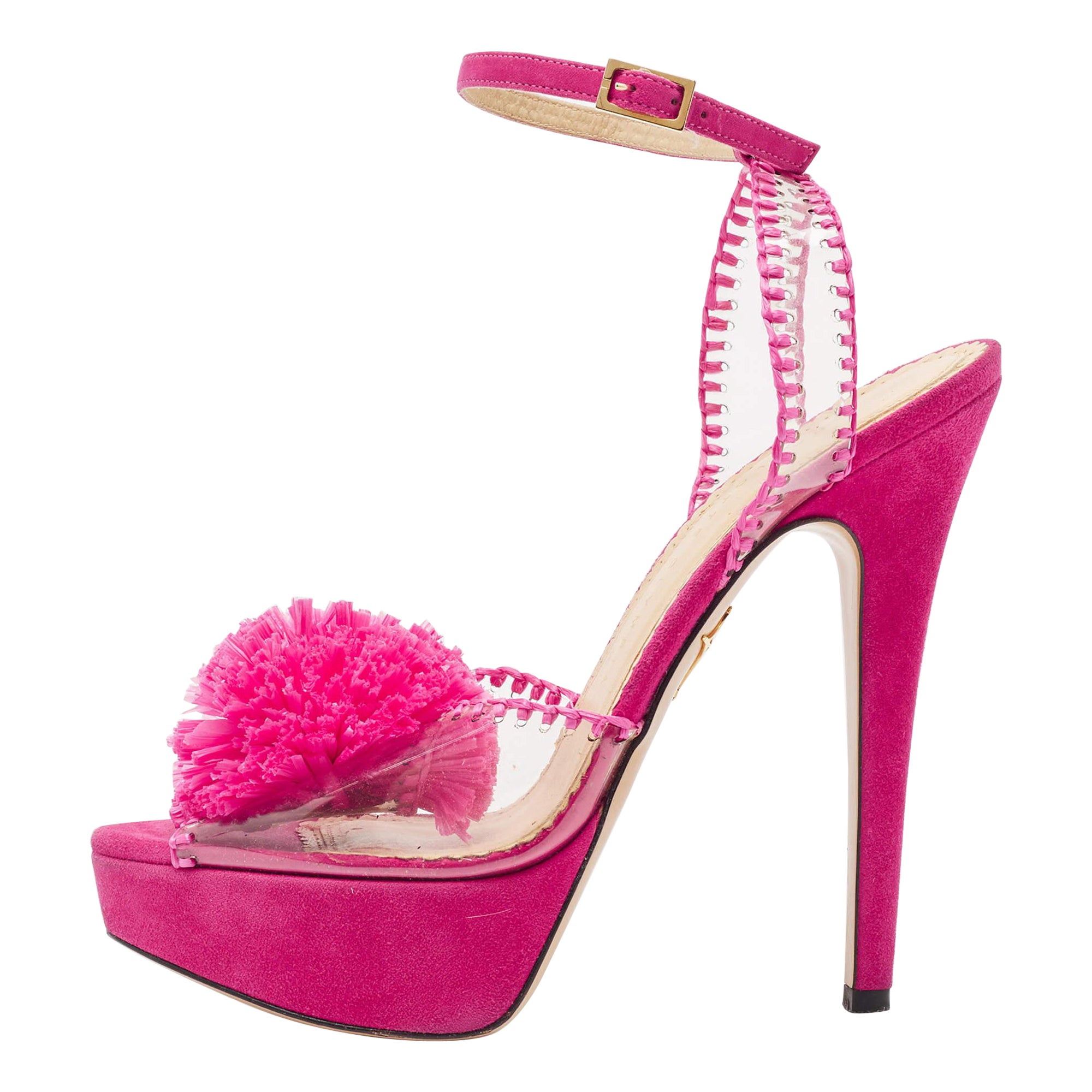 Charlotte Olympia Pink PVC and Suede Pomeline Ankle Strap Sandals Size 37.5 For Sale