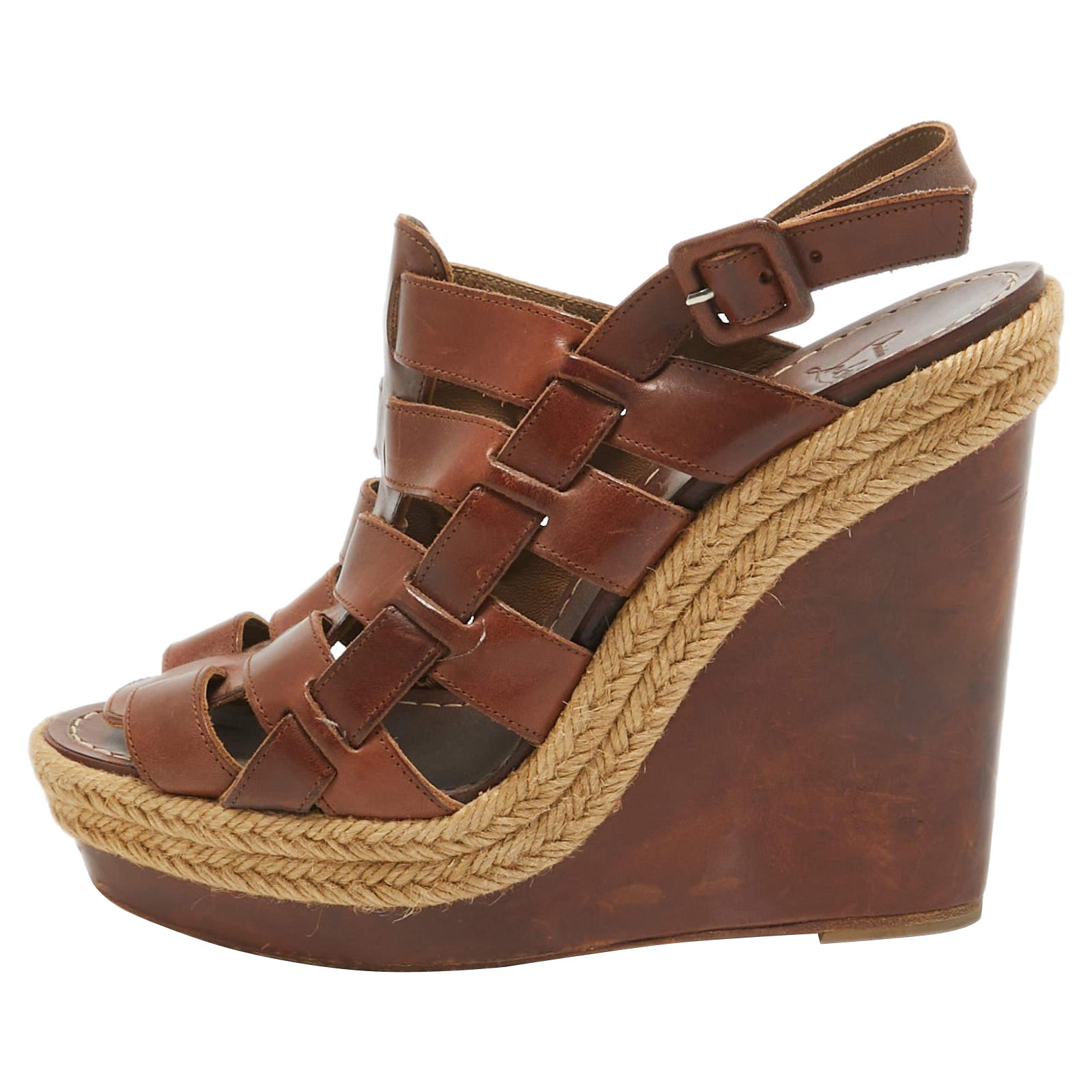 Christian Louboutin Leather Espadrille Wedge Strappy Slingback Sandals Size 39 For Sale