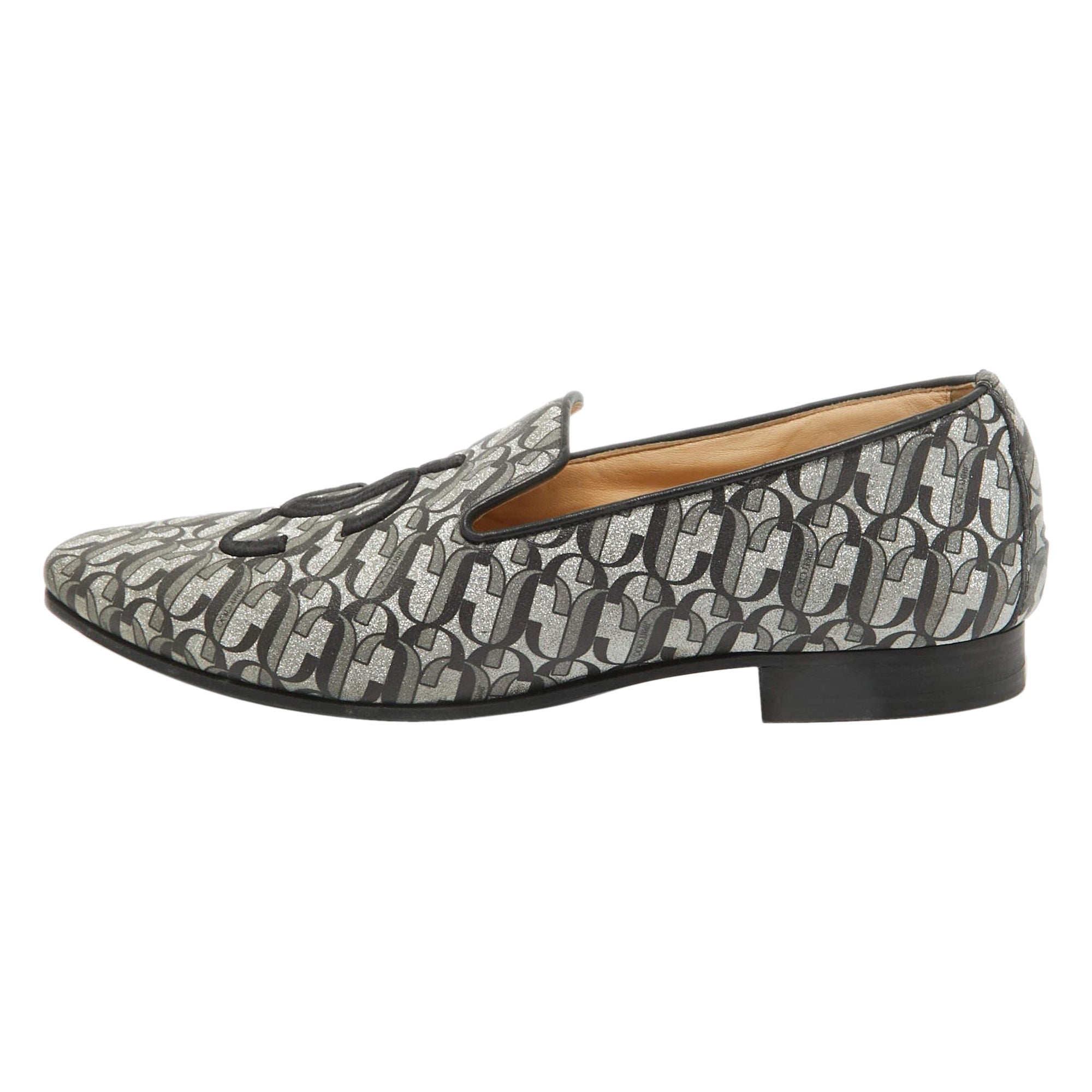 Jimmy Choo Black Glitter Fabric Sache JC Monogram Smoking Slippers Size 39 For Sale