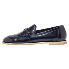 Chanel Navy Blue Patent Leather CC Loafers Size 38.5