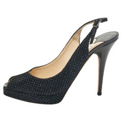 Jimmy Choo Black Embellished Suede Peep Toe Platorm Slingback Pumps Size 41