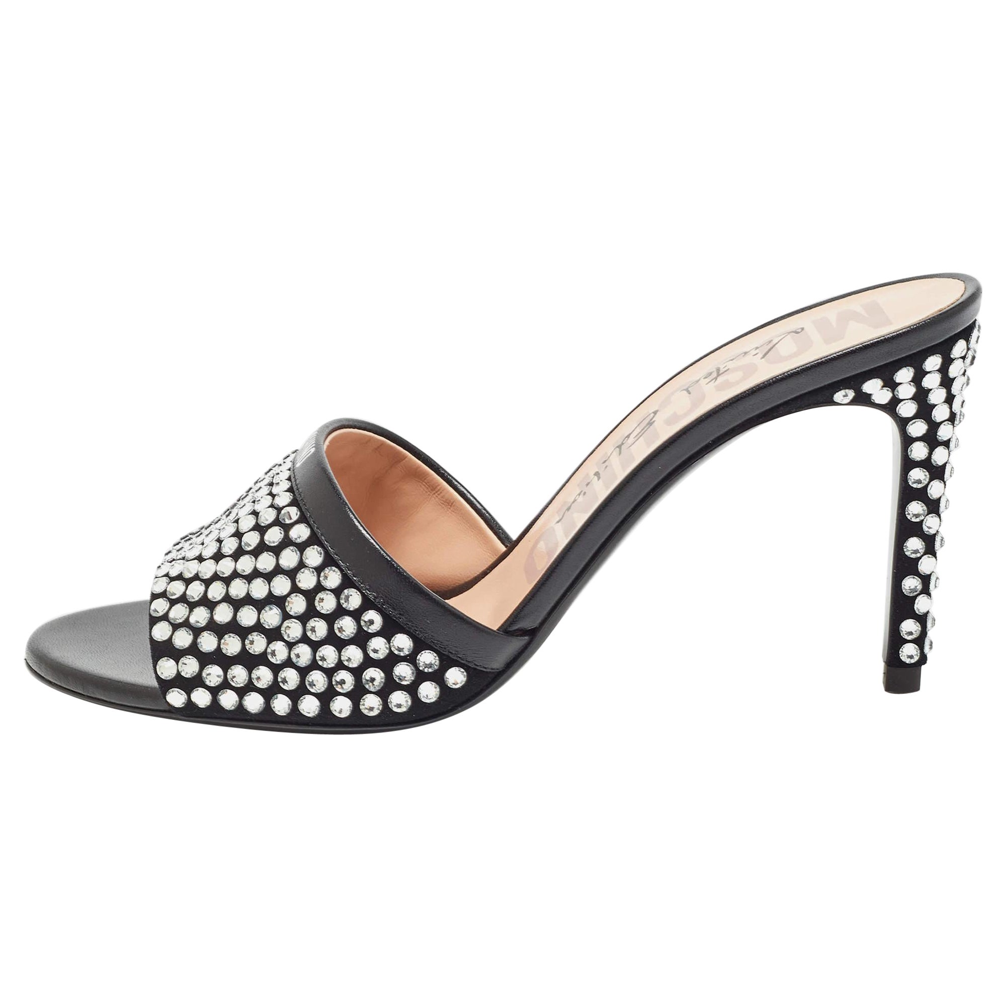 Moschino Black Suede Limited Edition Crystal Embellished Slide Sandals Size 38 For Sale
