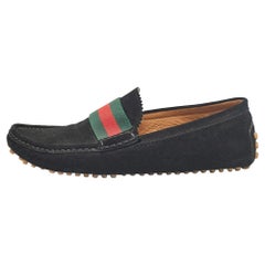 Gucci Black Suede Web Slip On Loafers Size 41