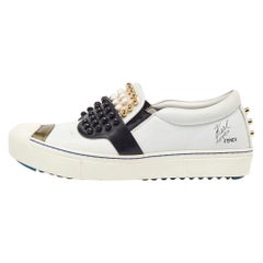 Fendi White/Black Leather Studded Karlito Slip On Sneakers Size 38