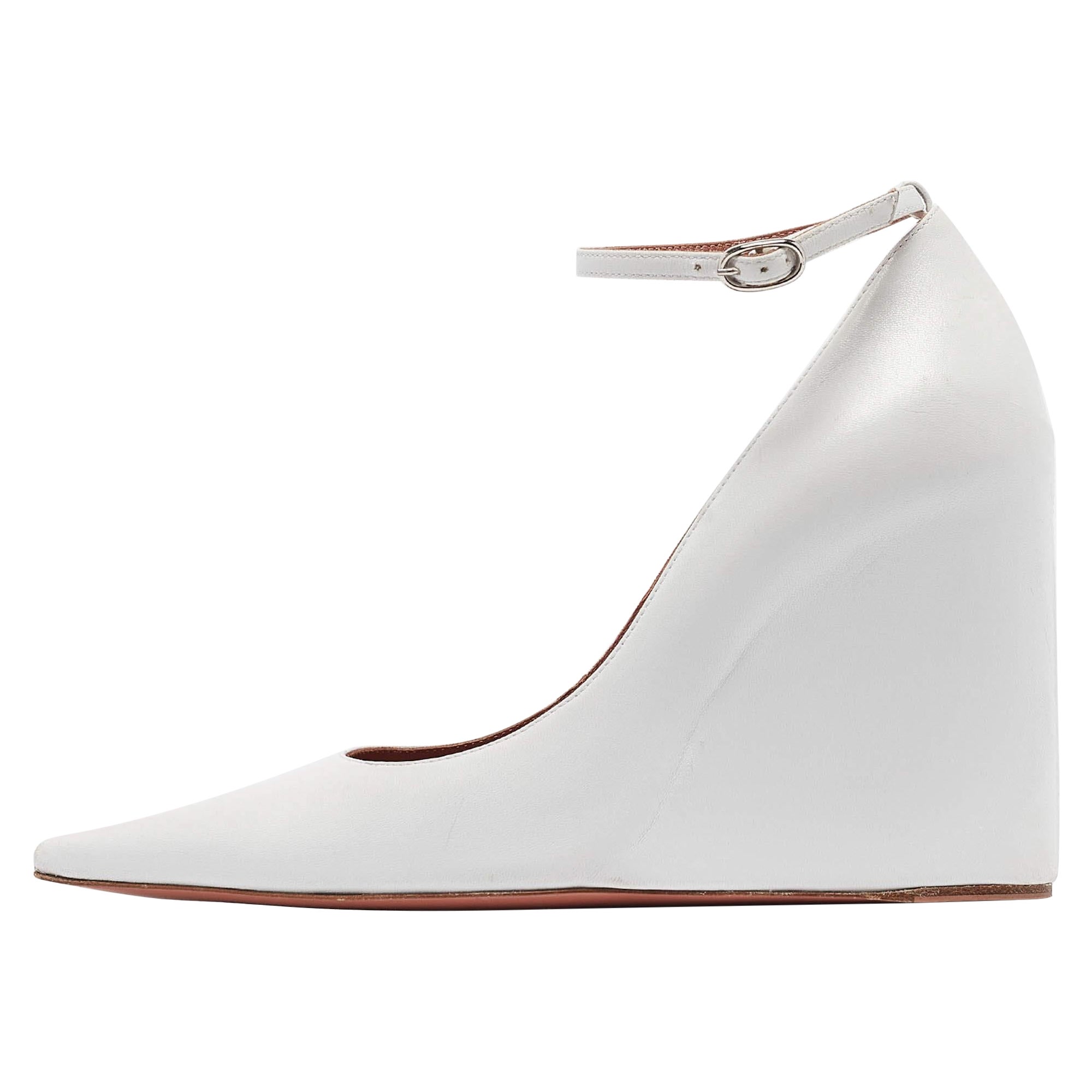 Amina Muaddi White Leather Wedge Pumps Size 37