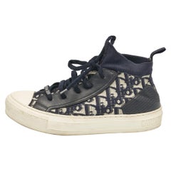 Dior Navy Blue/White Oblique Knit Fabric & Leather Walk'n'Dior Sneakers Size 38