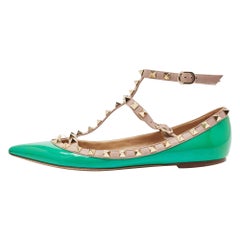 Valentino Green/Beige Patent and Leather Rockstud Ballet Flats Size 38