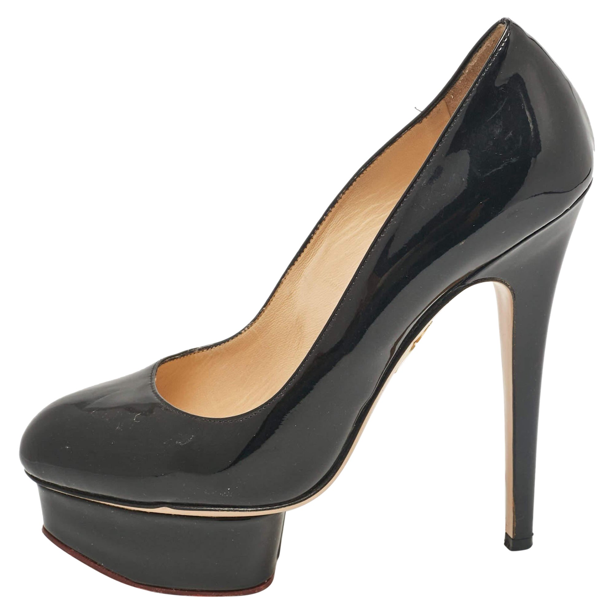 Charlotte Olympia Black Patent Leather Dolly Platform Pumps size 38 For Sale