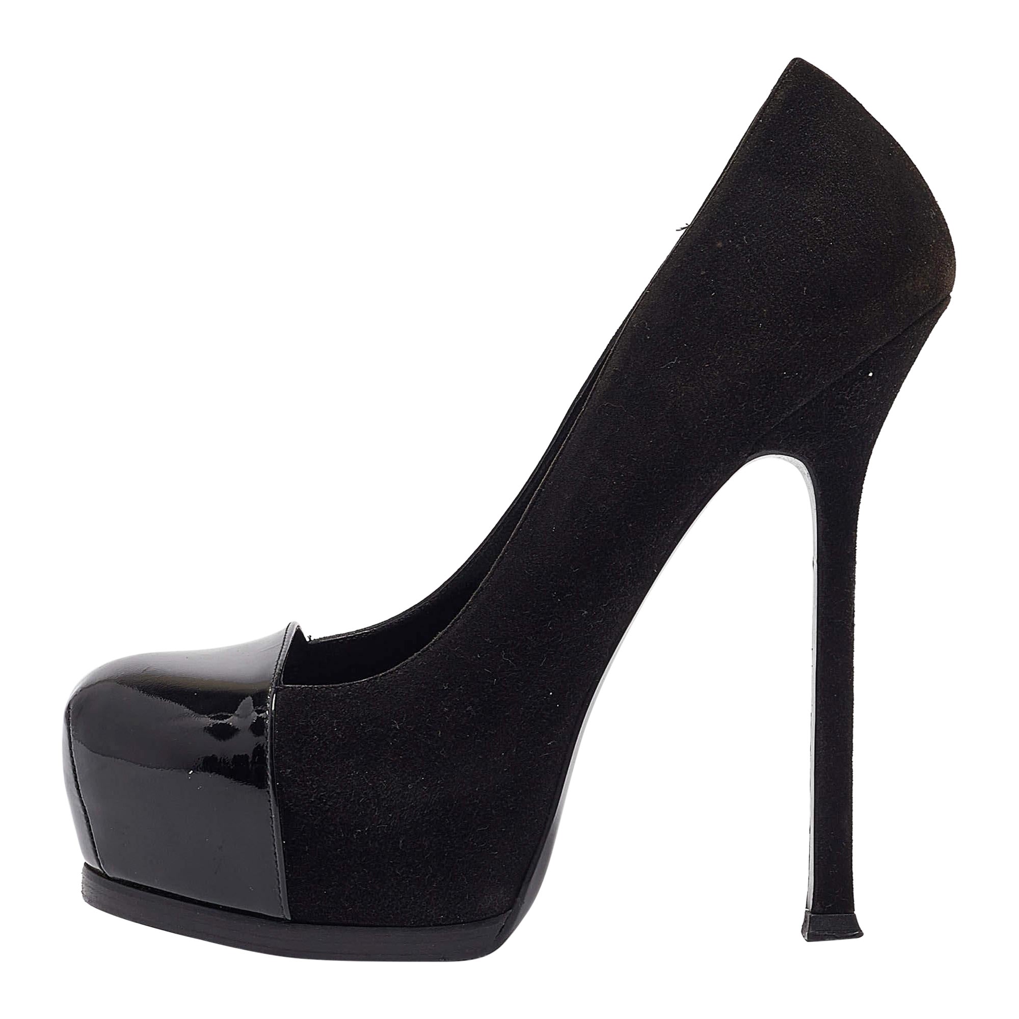 Saint Laurent Black Patent Leather and Suede Tribtoo Platform Pumps Size 36 For Sale