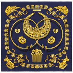 HERMES Rybal "Les Cavaliers D'or" Gold Chain Scythian Art 100% Silk Scarf