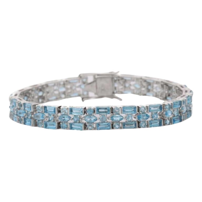 Art Deco Natural Blue Topaz Tennis Bracelet for Mothers Day Jewelry in Silver For Sale
