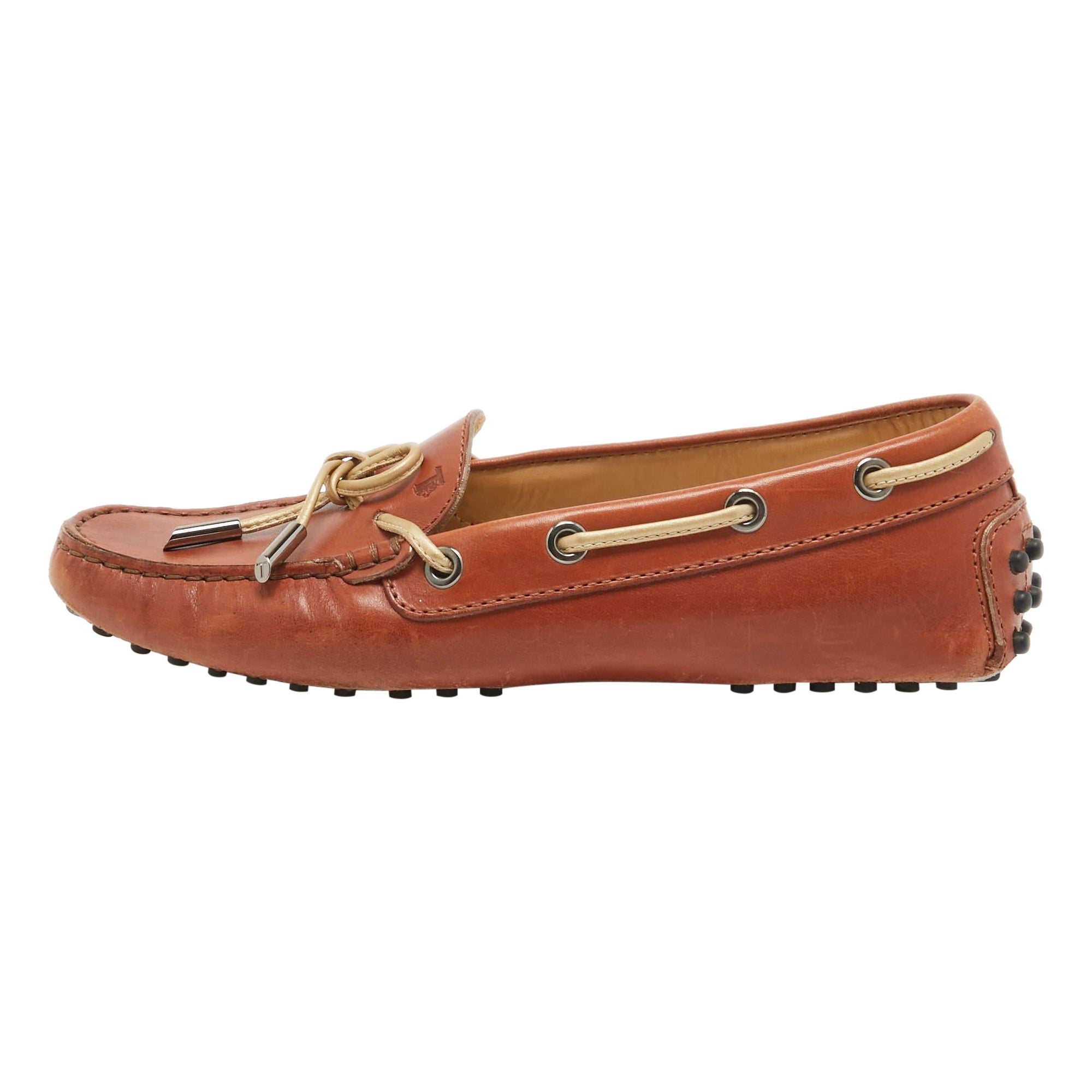 Tod's Brown Leather Gommino Bow Slip On Loafers Size 36 For Sale