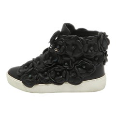 Chanel Black Leather Flower High Top Sneakers Size 37.5