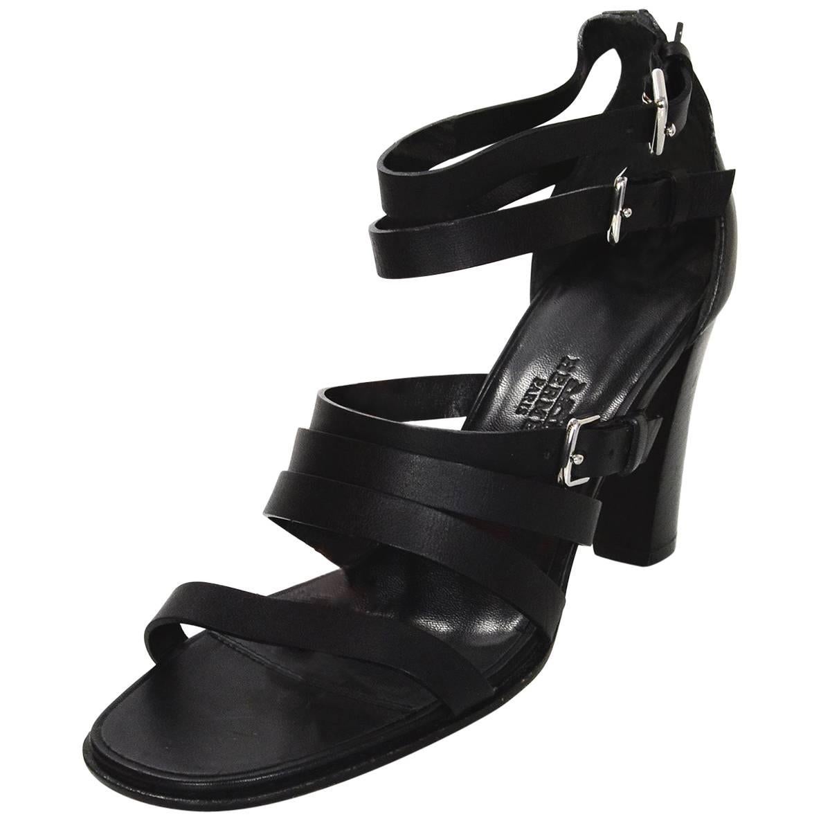 Hermes Black Leather Strappy Sandals sz 36