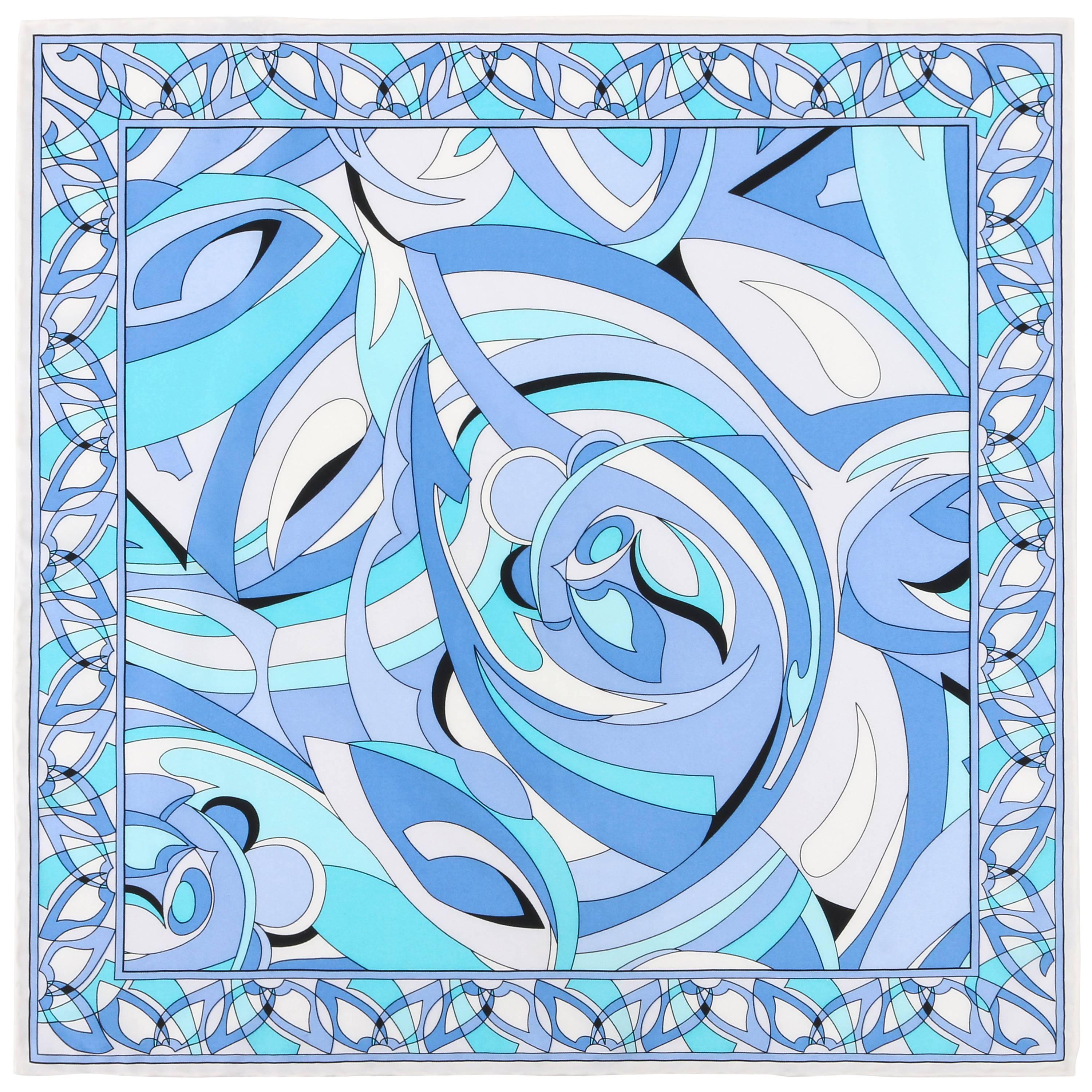 EMILIO PUCCI White Blue Abstract Print Silk Scarf - Handkerchief - Pocket Square