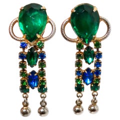 Vintage Emerald Green & Sapphire Blue Rhinestone Dangle Clip-On Earrings