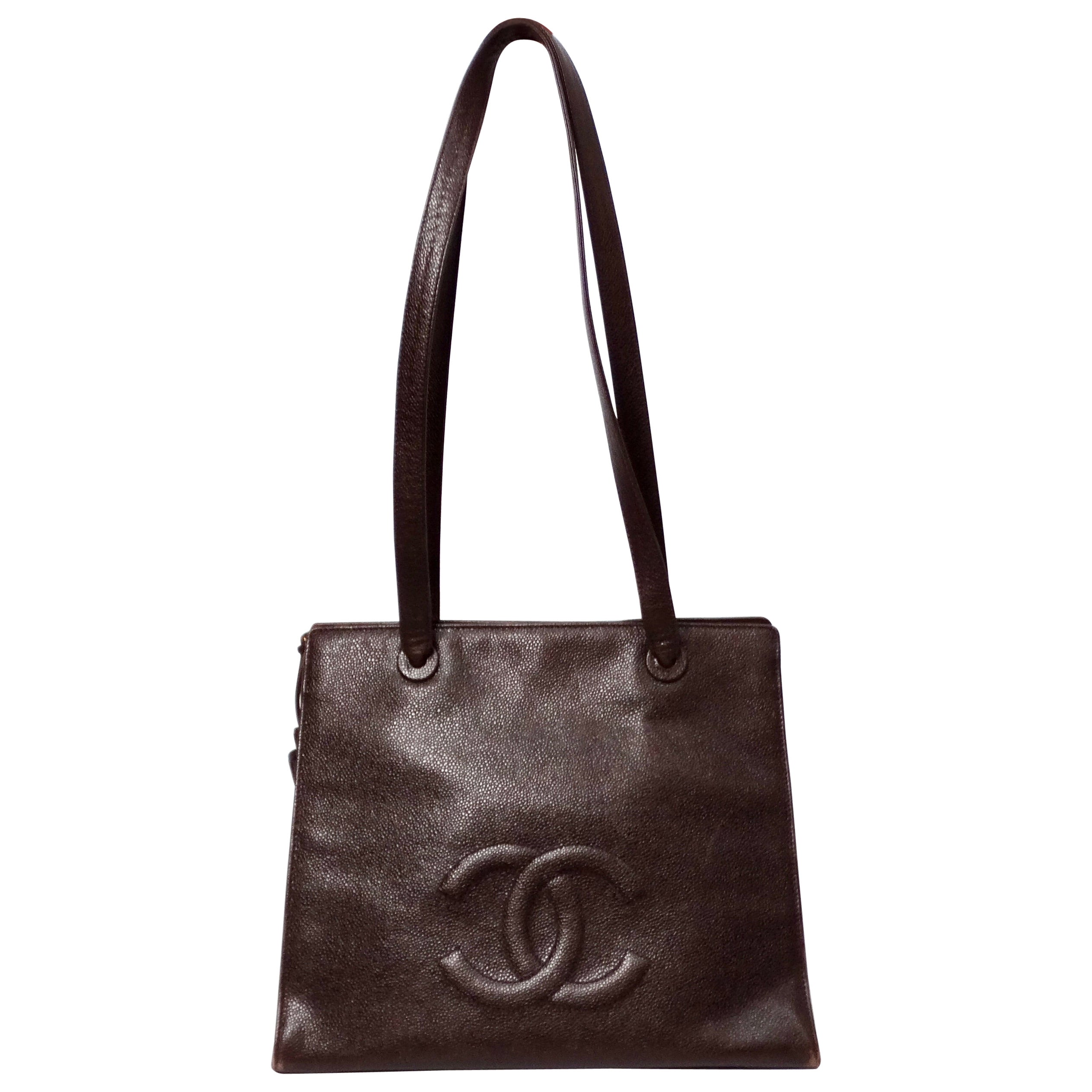 Chanel 1998 Brown Caviar Leather Interlocking CC Logo Timeless Tote Bag For Sale