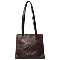 Chanel 1998 Brown Caviar Leather Interlocking CC Logo Timeless Tote Bag