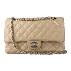 Chanel Timeless Classic Flap Medium Beige Caviar Leather Silver Hardware 2005