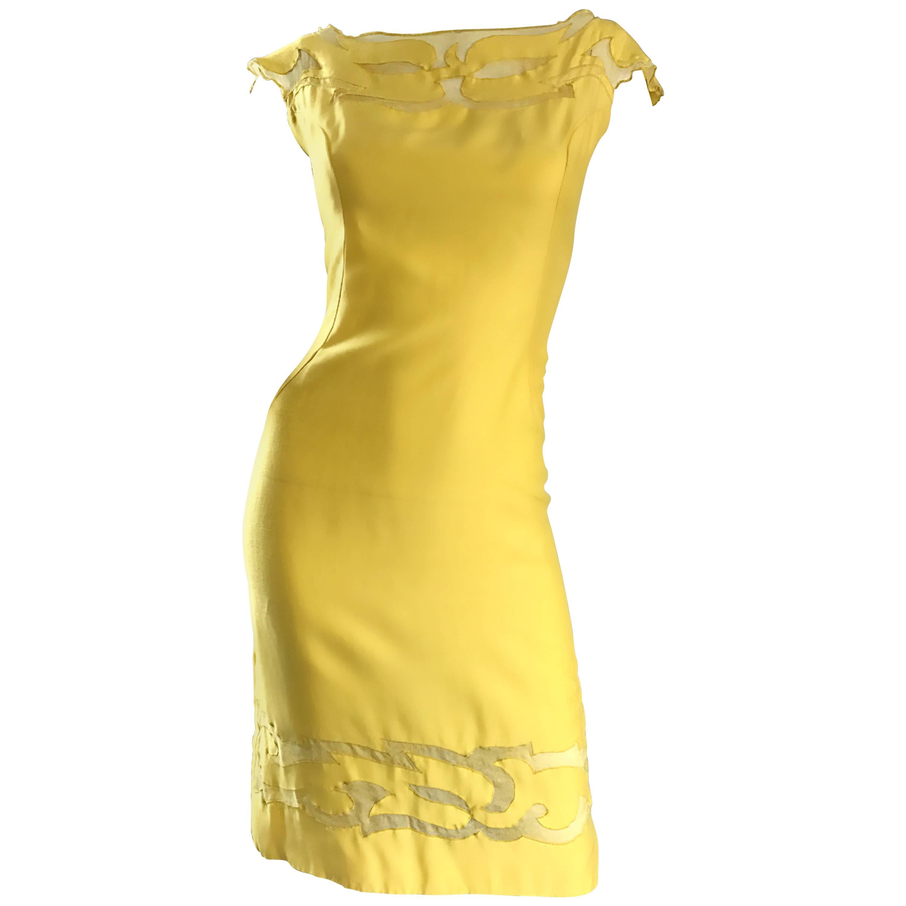 Amazing 1950s Canary Yellow Silk Vintage Cut - Out 50s Bombshell Wiggle Dress 