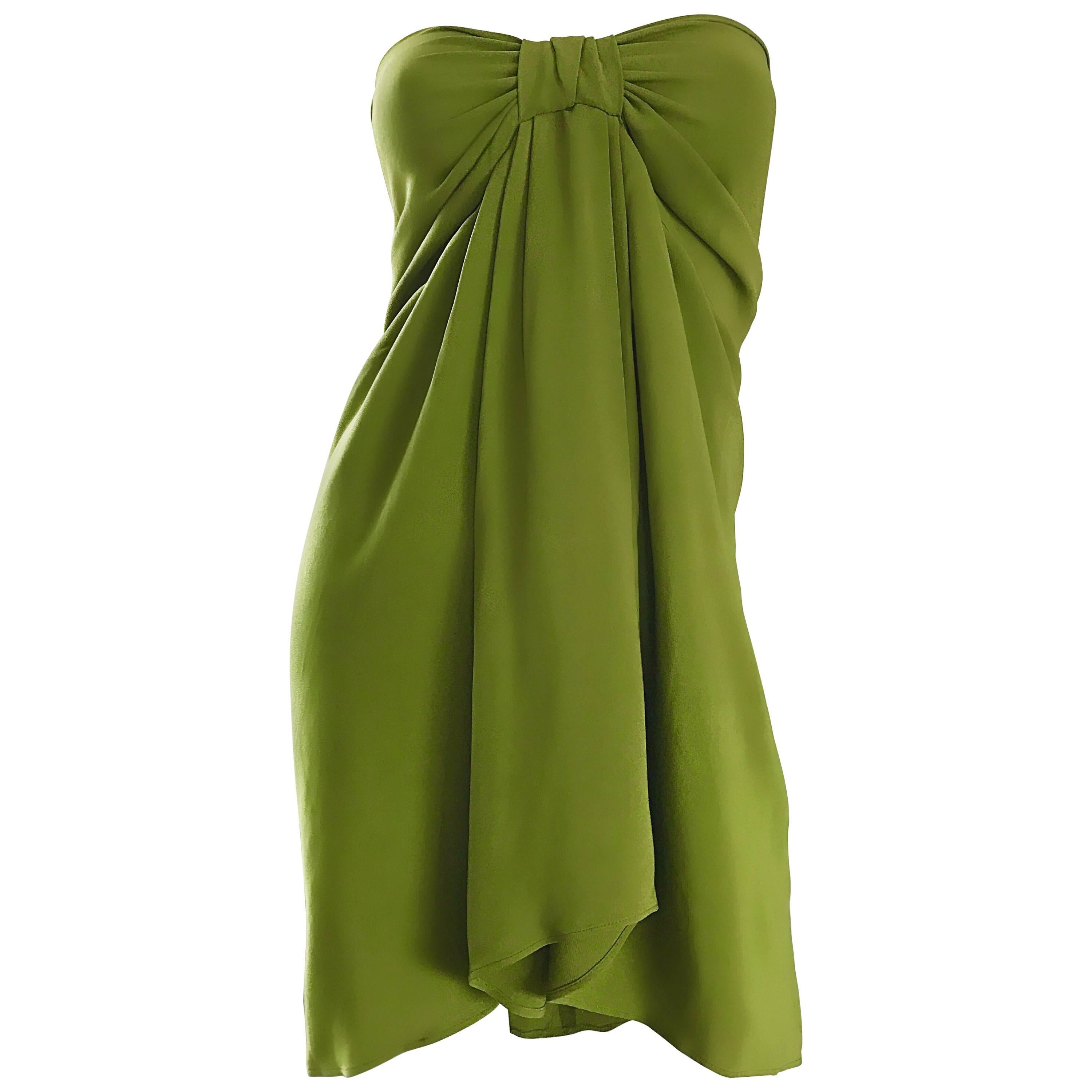 Christian Lacroix 1990s Chartreuse Green Strapless 90s Silk Empire Waist Dress