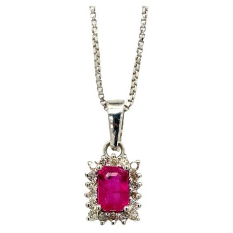 Dainty Ruby Diamond Halo Pendant Necklace in 925 Sterling Silver for Mom Gift For Sale