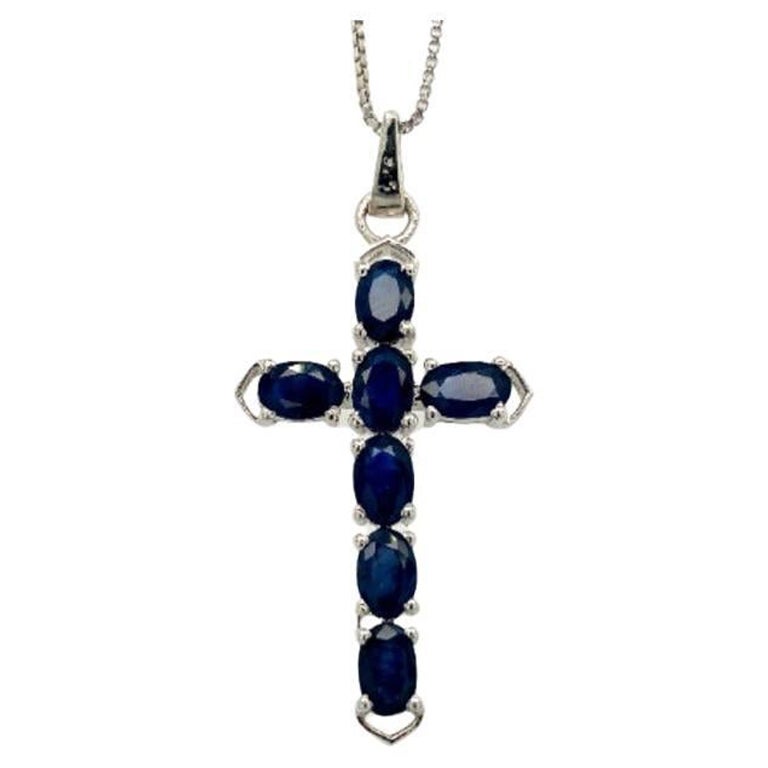 Handmade Blue Sapphire Unisex Cross Pendant in Sterling Silver Jewelry for Him