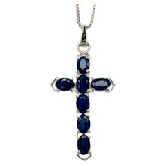 Handmade Blue Sapphire Unisex Cross Pendant in Sterling Silver Jewelry for Him