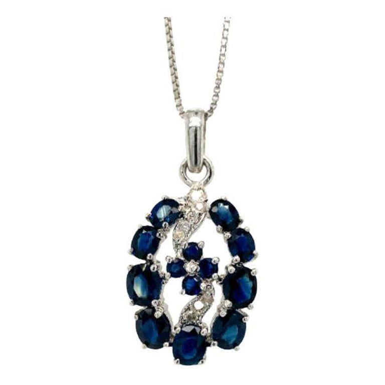 Deep Blue Sapphire and Diamond Flower Pendant in Silver Jewelry for Mom Pendant For Sale