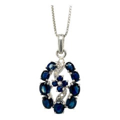 Deep Blue Sapphire and Diamond Flower Pendant in Silver Jewelry for Mom Pendant