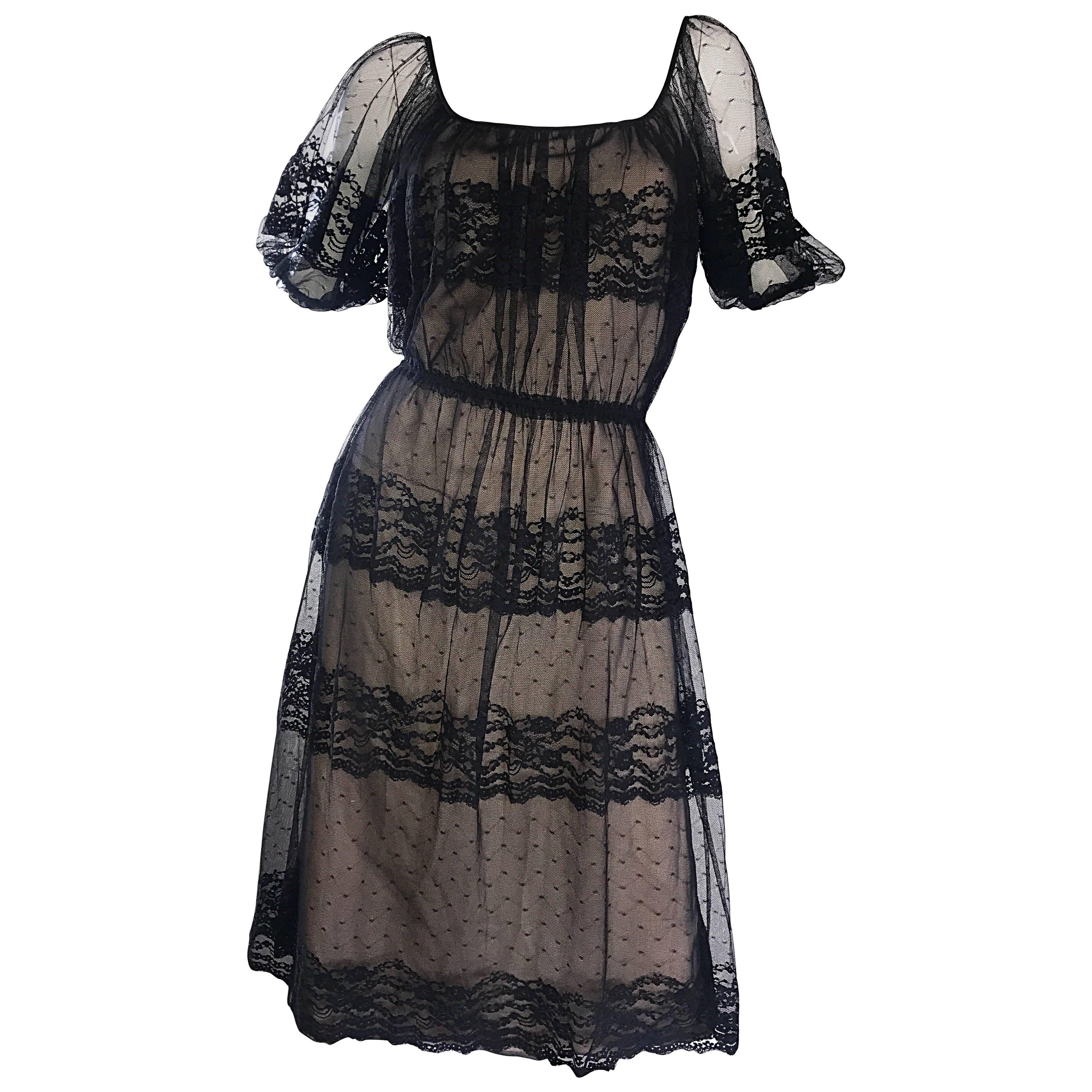Vintage Jeannene Booher Black + Nude Silk Lace 1970s Short Sleeve Flirty Dress For Sale