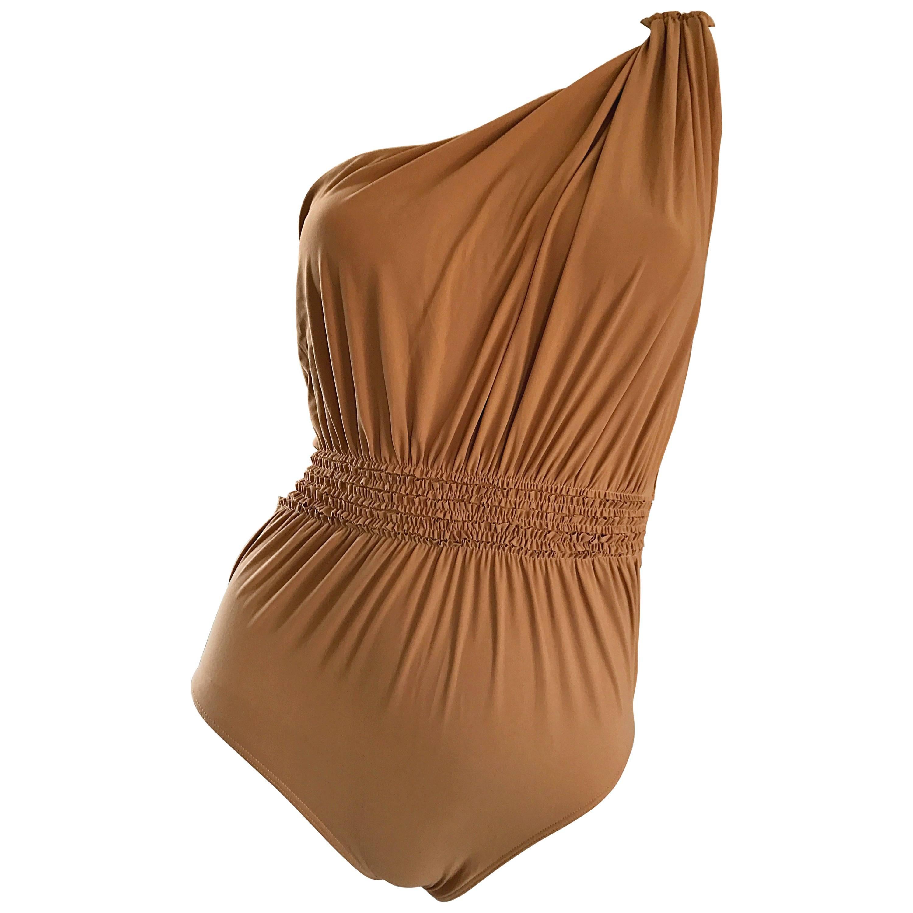 Lanvin 2011 Alber Elbaz Tan Caramel One Shoulder Grecian Bodysuit or Swimsuit For Sale