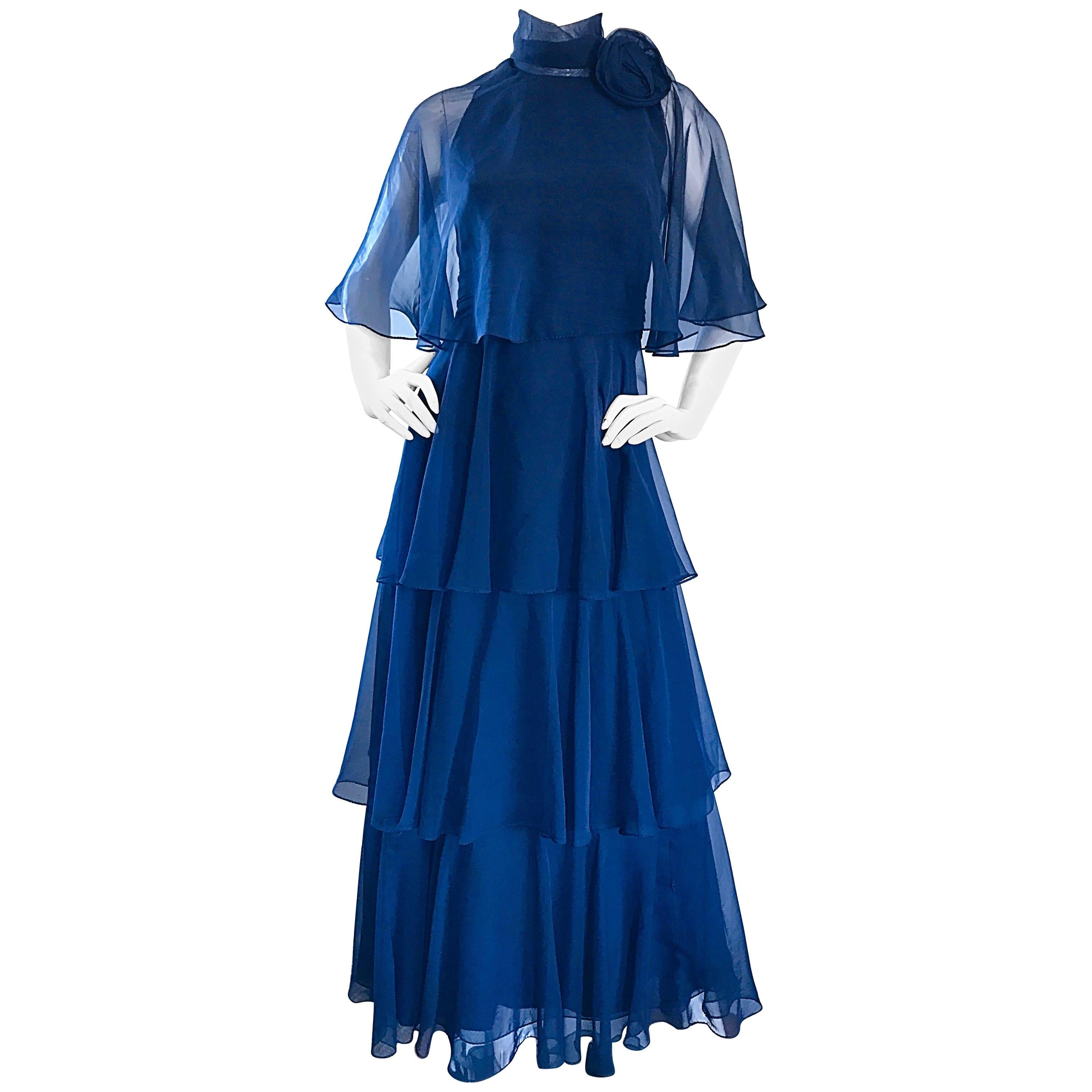 1970s Elliette Lewis Navy Blue Chiffon High Neck Caped Tiered Gown / Maxi Dress For Sale