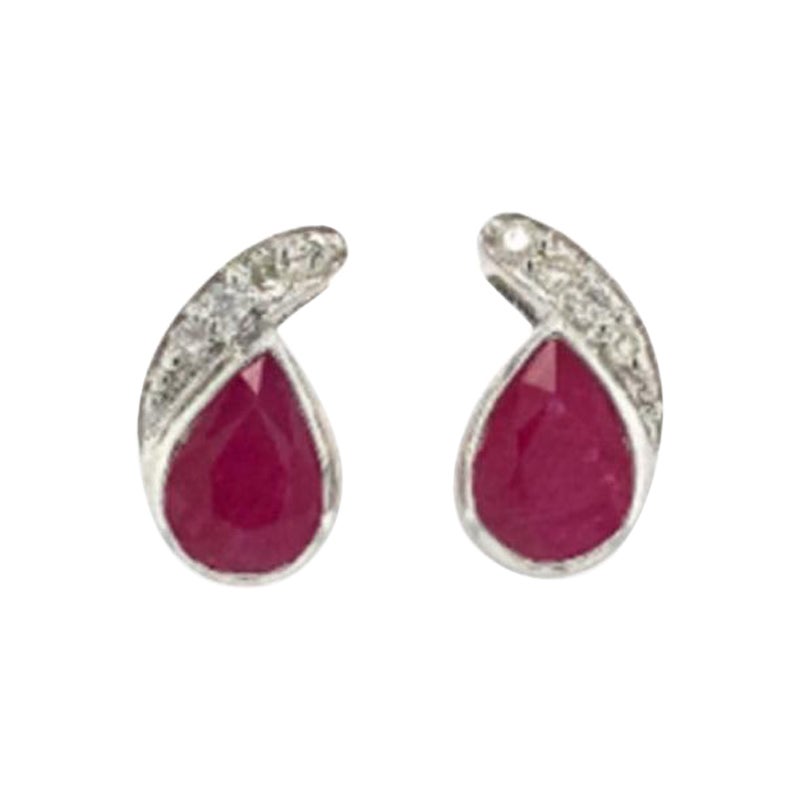 Red Ruby and Diamond Paisley Shape Stud Earrings in 925 Sterling Silver for Mom For Sale