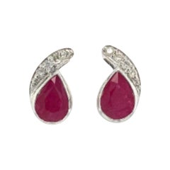 Red Ruby and Diamond Paisley Shape Stud Earrings in 925 Sterling Silver for Mom