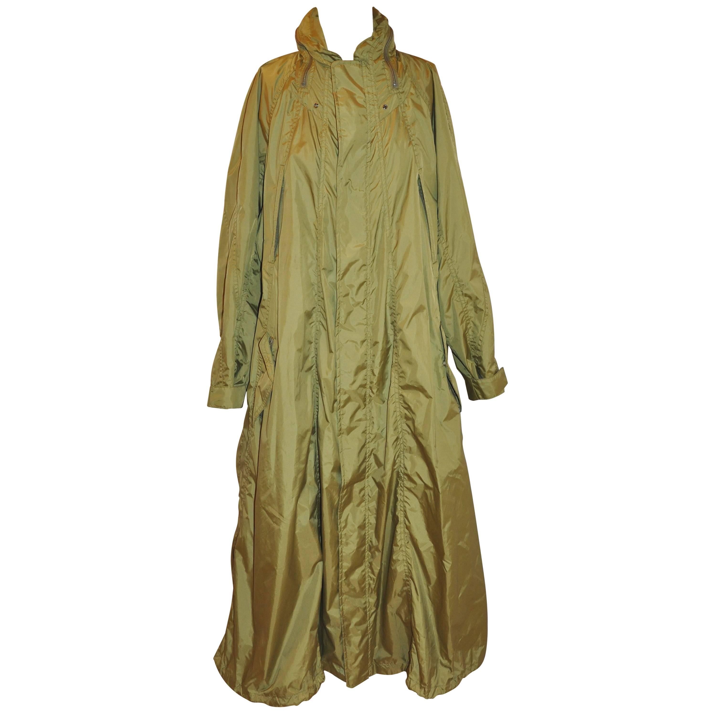 Issey Miyake Olive Green Optional Hooded Maxi Detailed Top Stitch Trench Coat For Sale