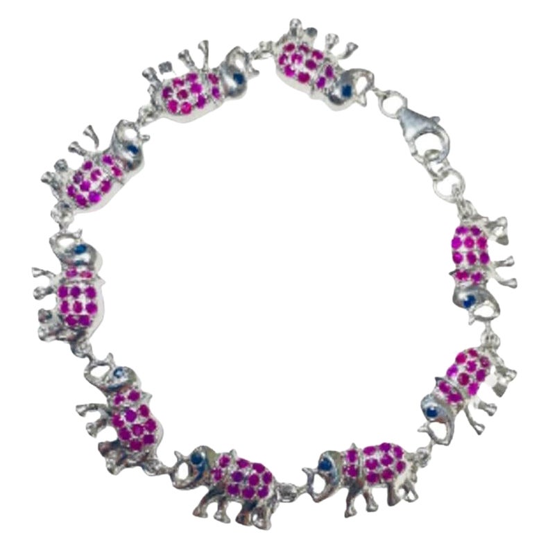 925 Sterling Silver Elephant Charm Bracelet with Ruby and Sapphire for Her