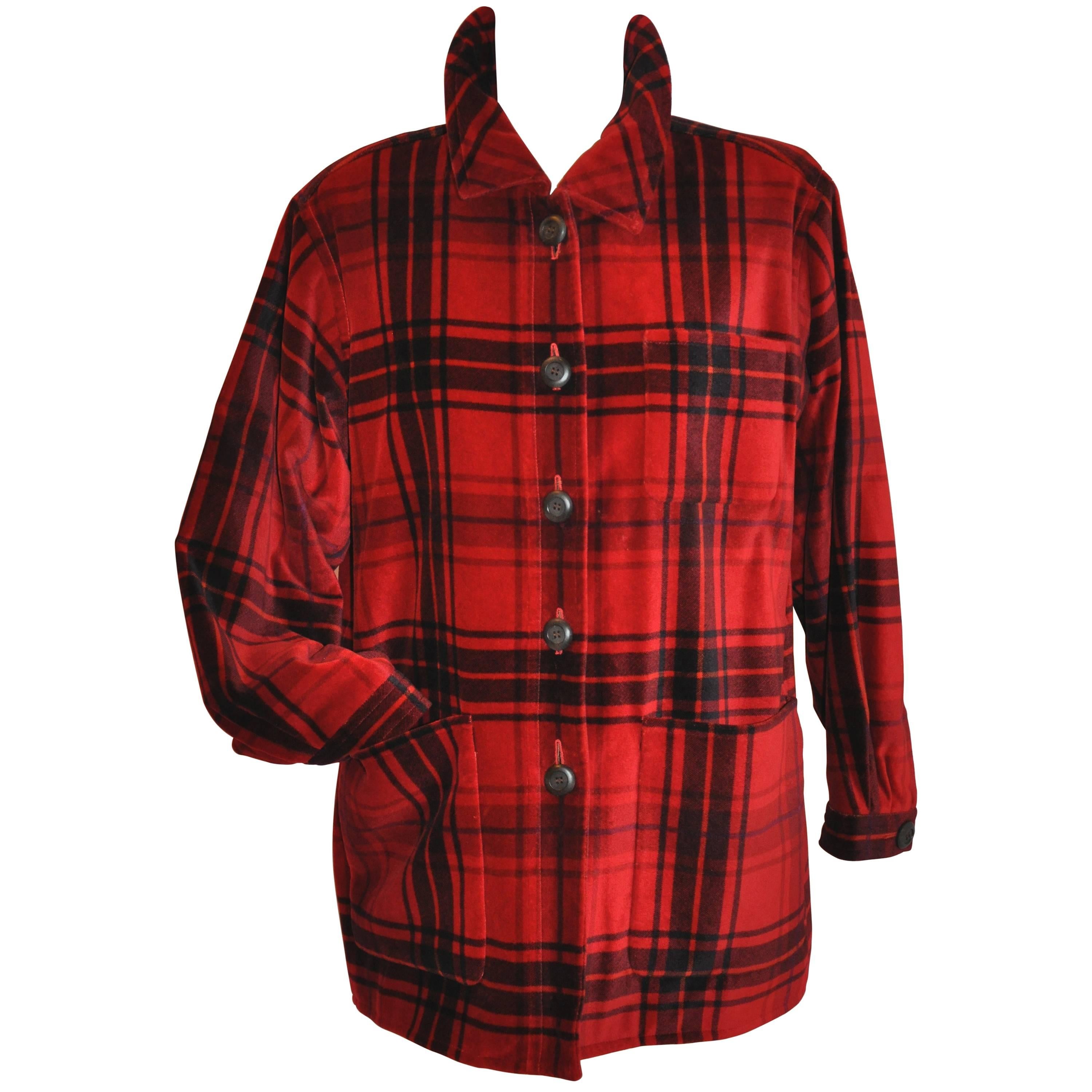 Yves Saint Laurent Deep Red & Black Cotton Velvet Smock Button Jacket For Sale