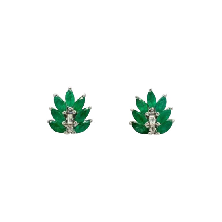 Genuine Emerald Diamond Leaf Stud Earrings in 925 Silver Jewelry for Mom Gift For Sale