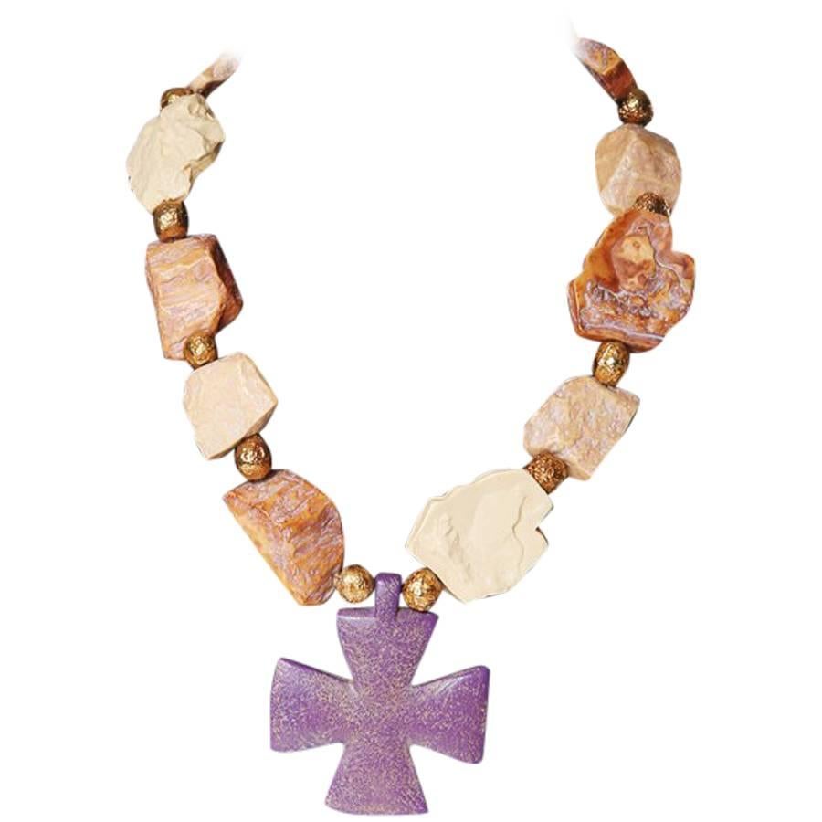 YSL Simulated Stone Necklace with Templar Cross Pendant circa 1980s