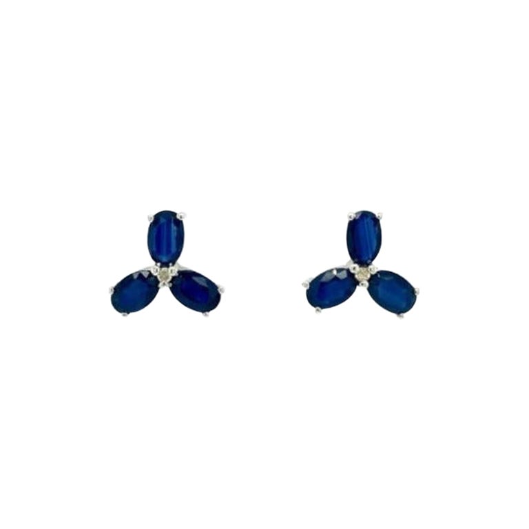 925 Silver Dainty Blue Sapphire and Diamond Stud Earrings for Her For Sale