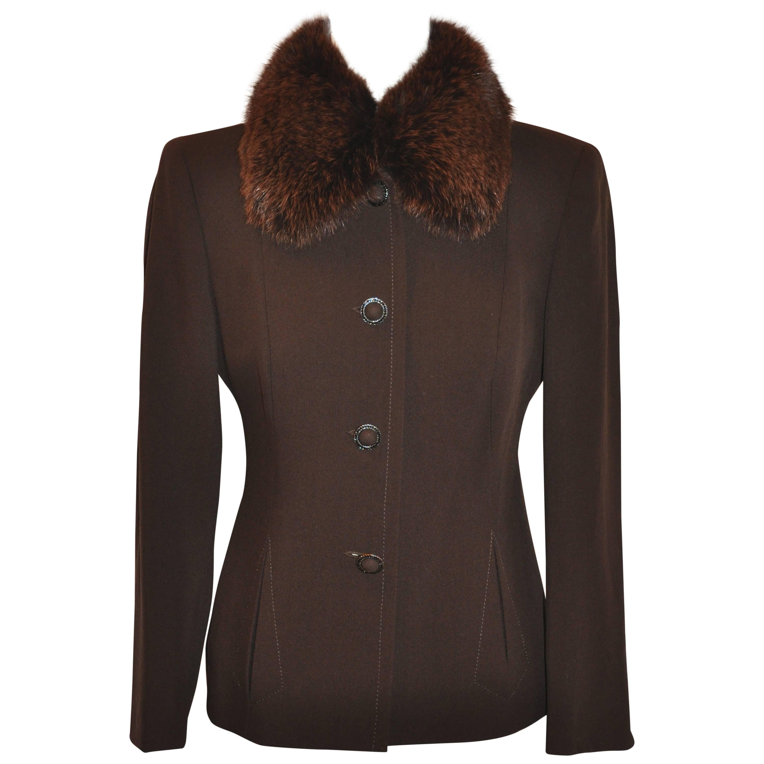 Blumarine Coco Brown Form-Fitting with Fox-Collar Button Jacket For Sale