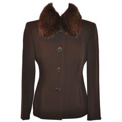 Blumarine Coco Brown Form-Fitting with Fox-Collar Button Jacket