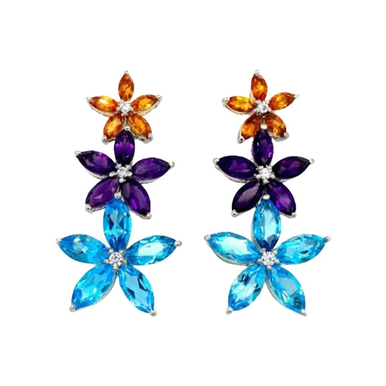 Pendientes Colgantes Flor de Amatista, Citrino y Topacio en Plata de Ley 925 en venta