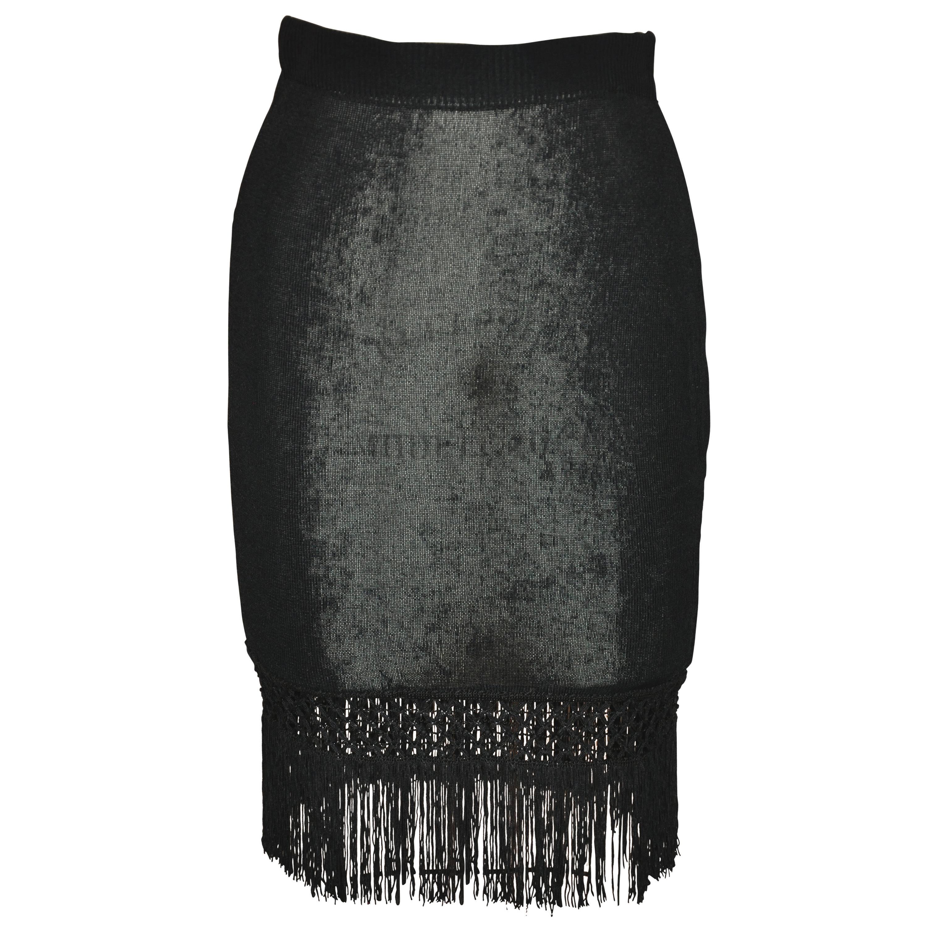 Moschino 'Couture' Black Spandex with Multi-Tiered Hand-Knotted Fringe Skirt For Sale