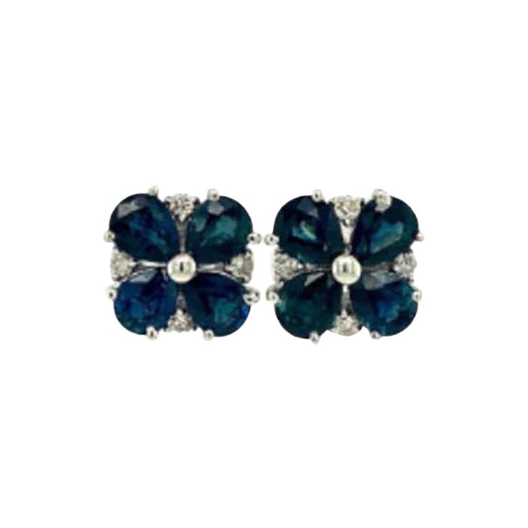 Deep Blue Sapphire and Diamond Flower Stud Earrings in 925 Silver For Sale