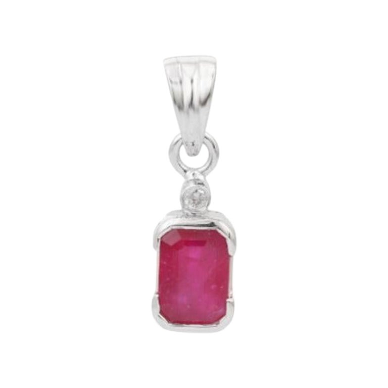 Everyday Octagon Cut Natural Ruby and Diamond Pendant in Sterling Silver For Sale