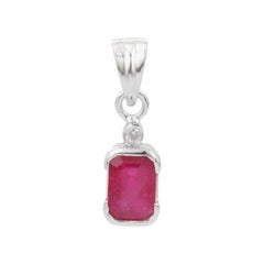 Everyday Octagon Cut Natural Ruby and Diamond Pendant in Sterling Silver