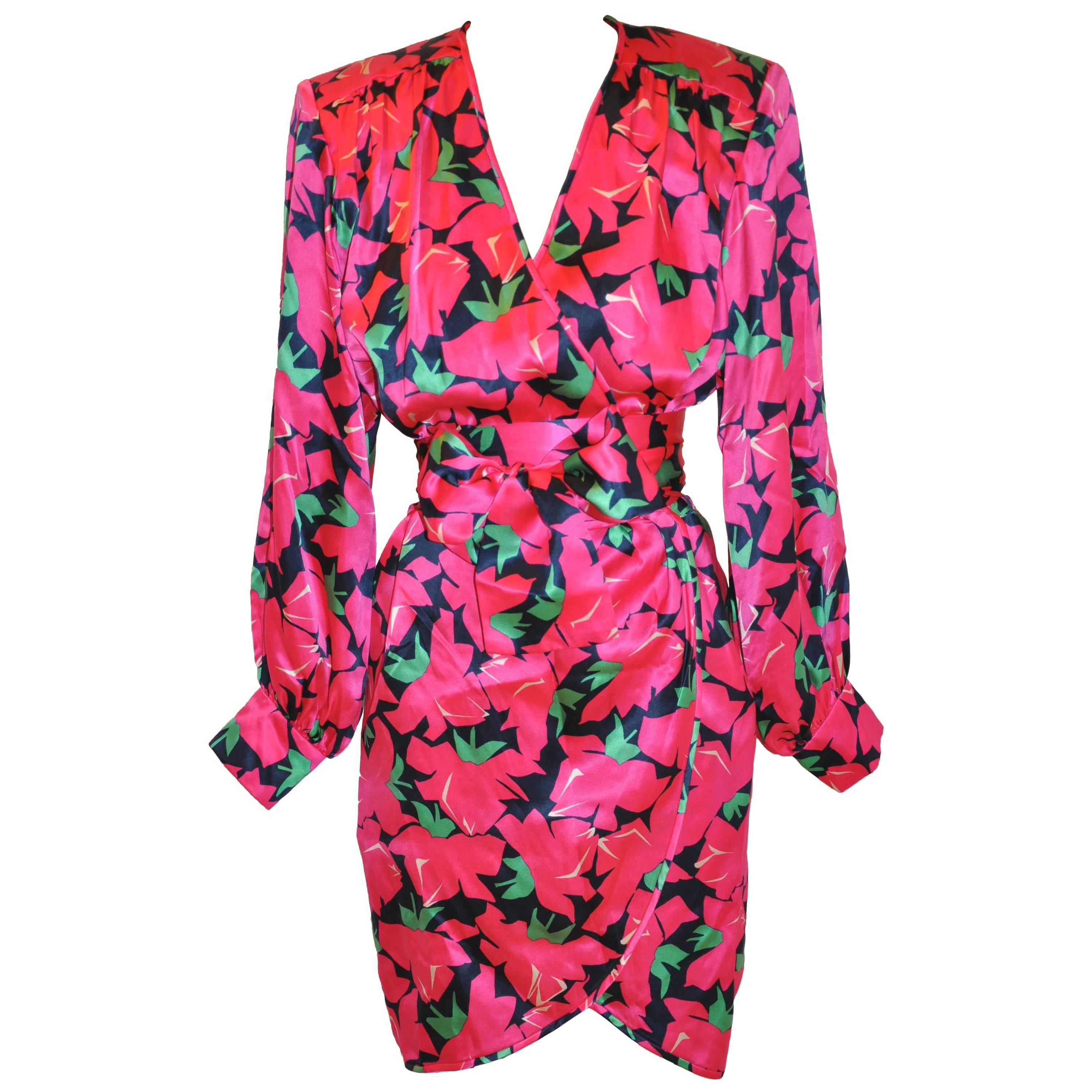 Yves Saint Laurent Bold Fuchsia, Lapis & Green Floral Wrap Dress with Tie